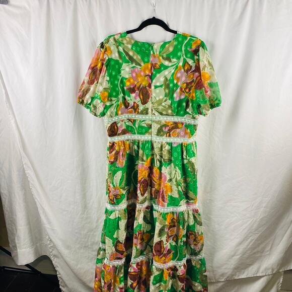 Adelyn Rae‎ Lian Jacquard Printed Midi Dress XL Green Floral Tropical Boho - Picture 11 of 12